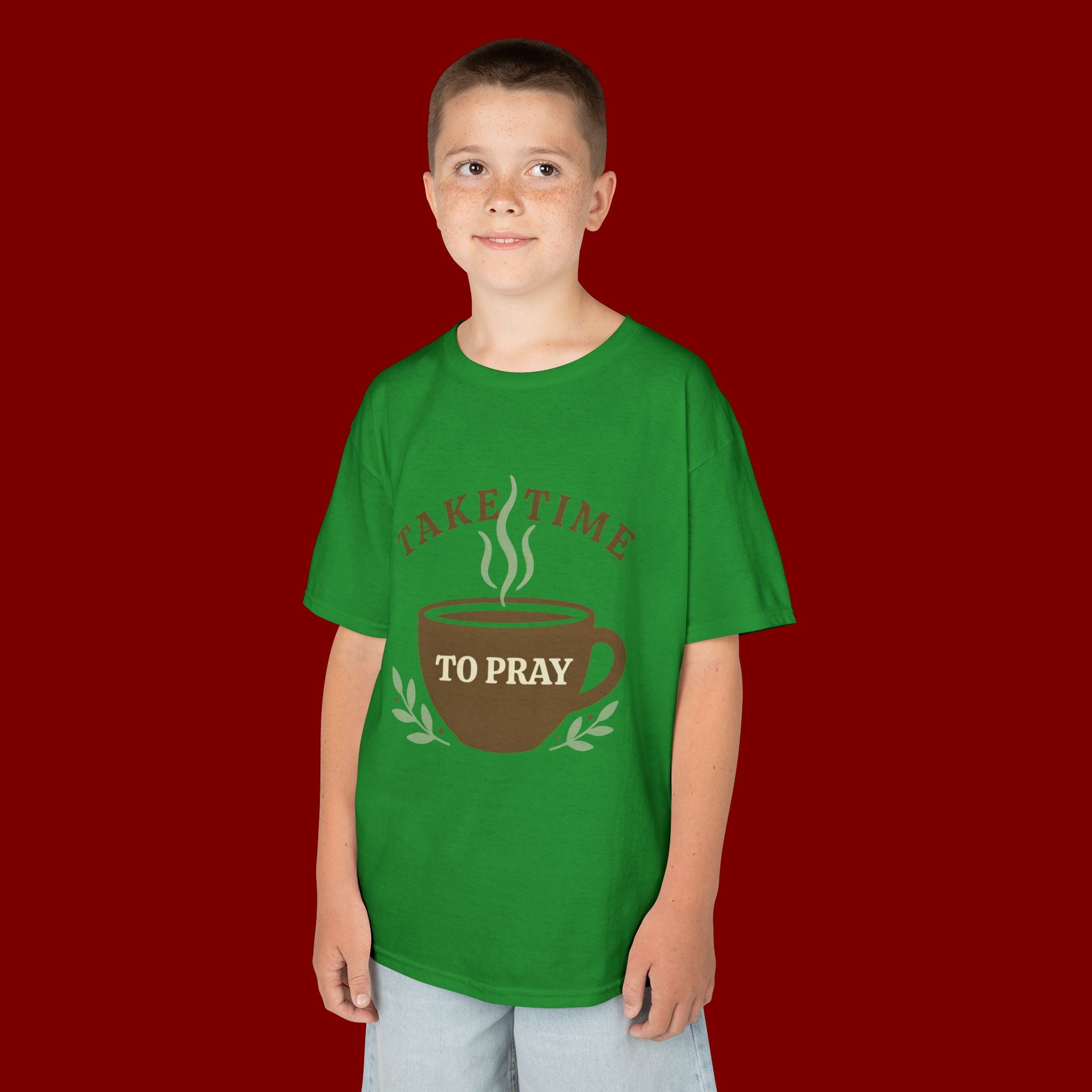 Kids Tee — "Take Time to Pray" Coffee Cup Faith Graphic