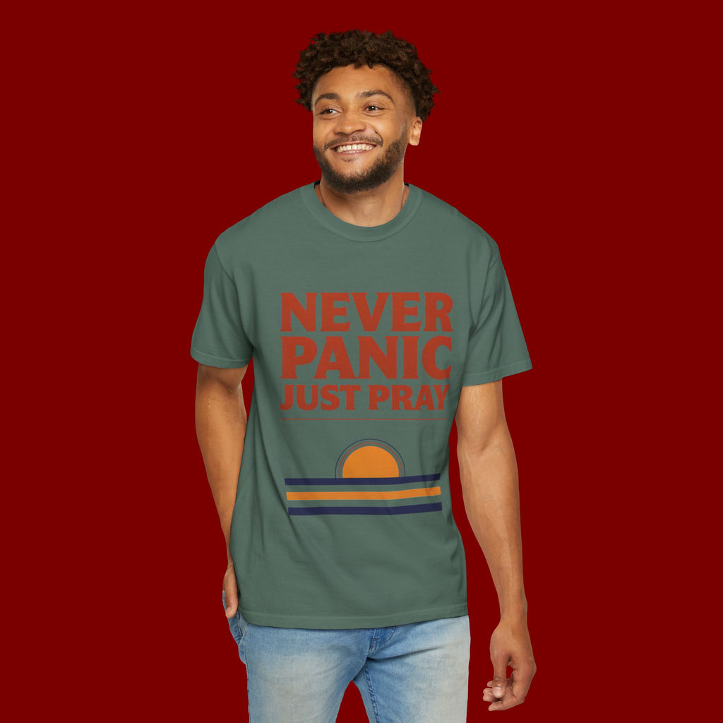 Never Panic Just Pray T‑Shirt — Retro Sunset Faith Tee