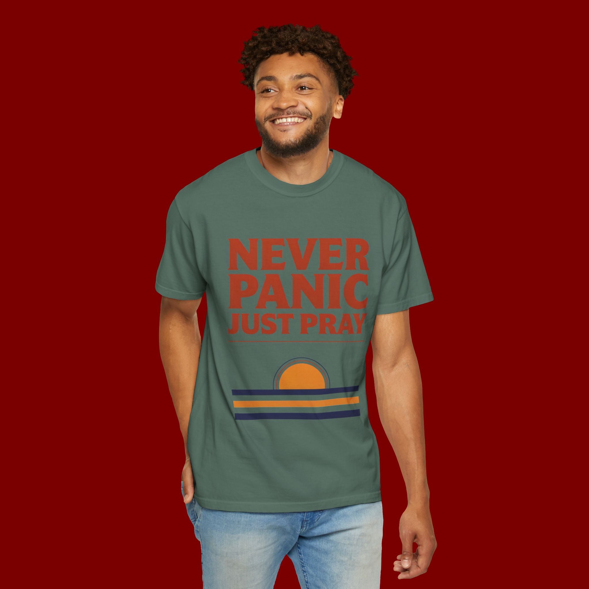 Never Panic Just Pray T‑Shirt — Retro Sunset Faith Tee