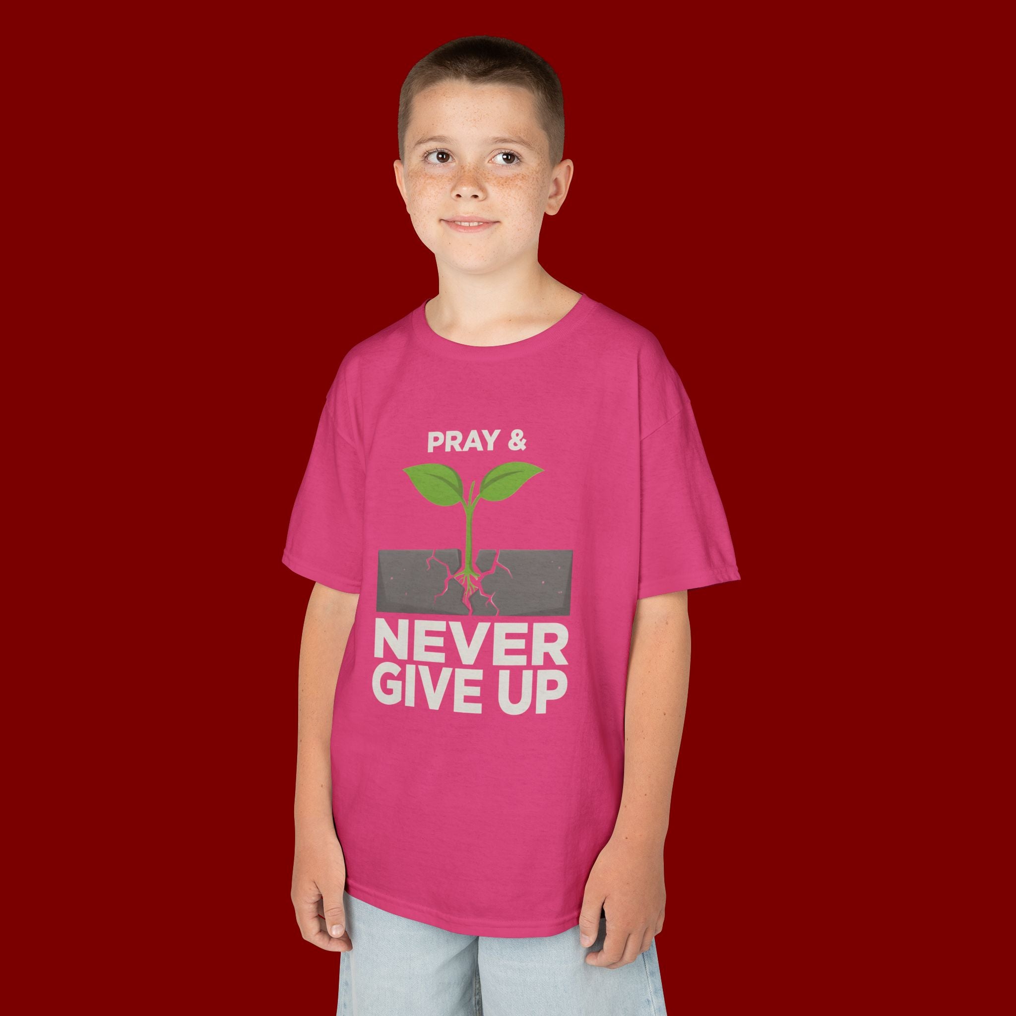 Kids Tee – "Pray & Never Give Up" Inspirational Plant Graphic