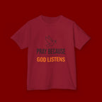 Kids T-Shirt — "Pray Because God Listens" Christian Faith Tee with Dove Graphic