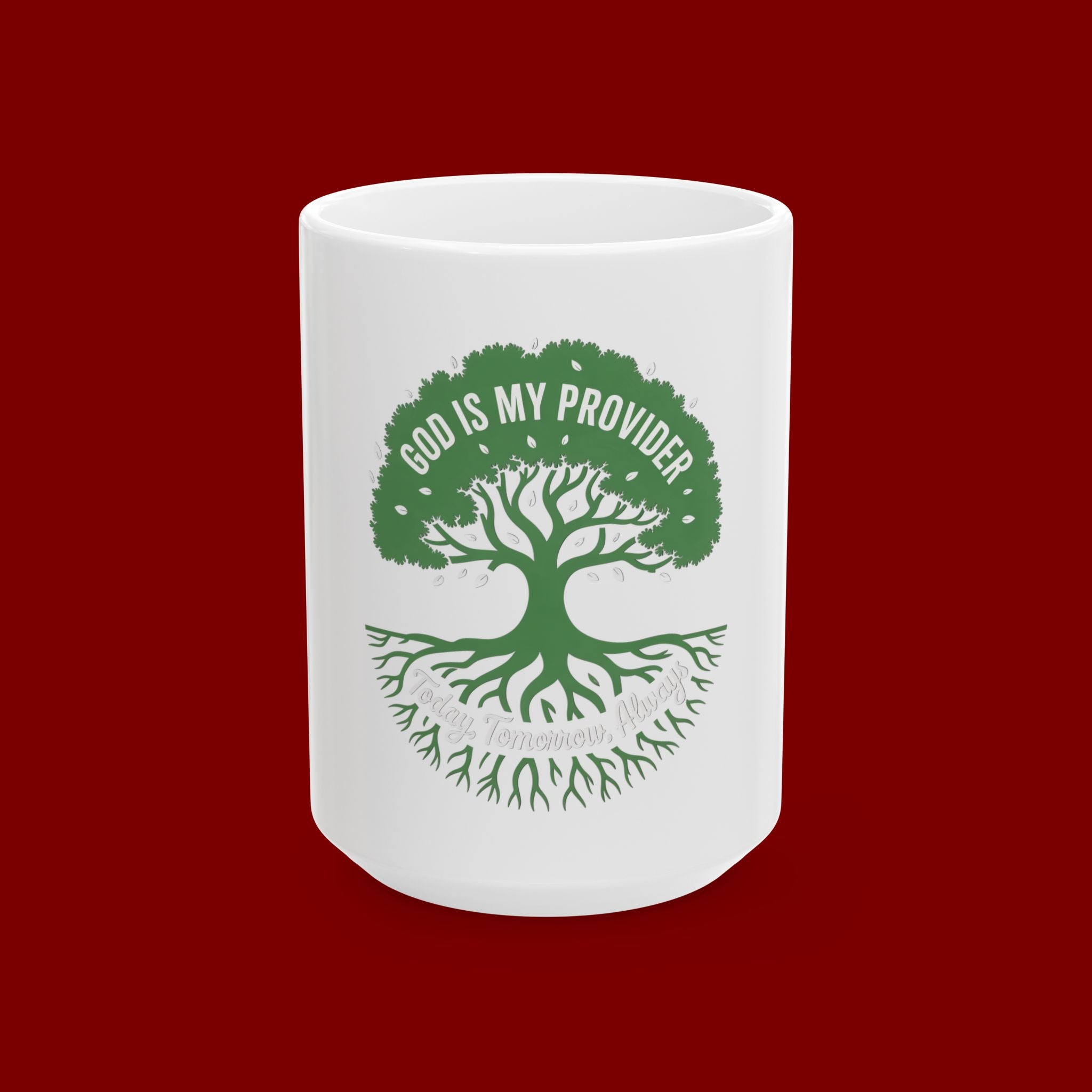 Ceramic Mug – "God Is My Provider" Green Tree Faith Coffee Cup (11oz & 15oz)