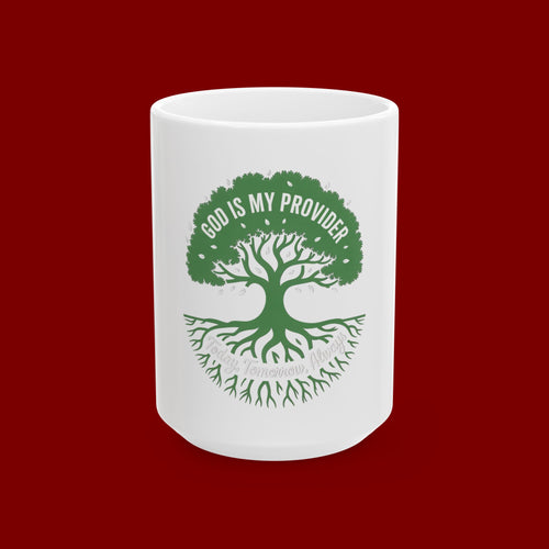 Ceramic Mug – "God Is My Provider" Green Tree Faith Coffee Cup (11oz & 15oz)