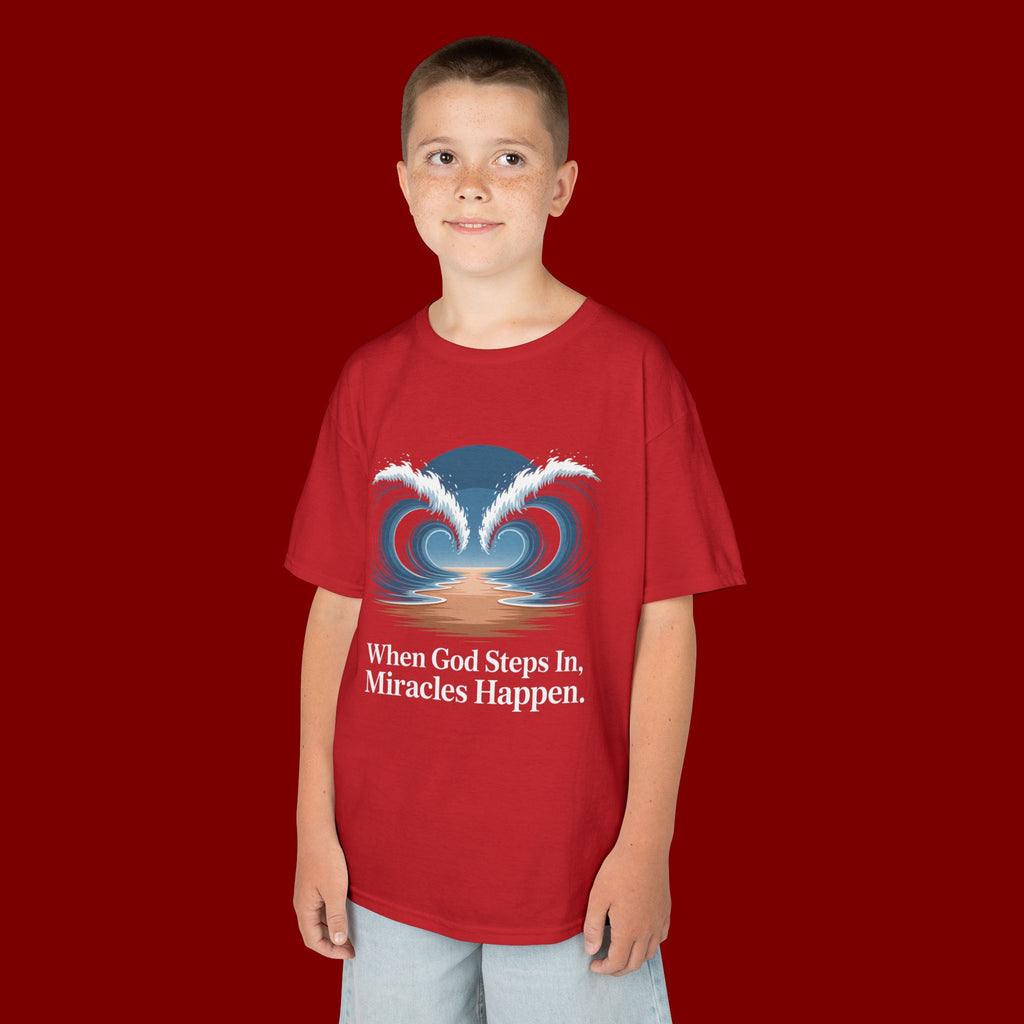 Kids Tee — “When God Steps In, Miracles Happen” Wave Heart Faith Shirt