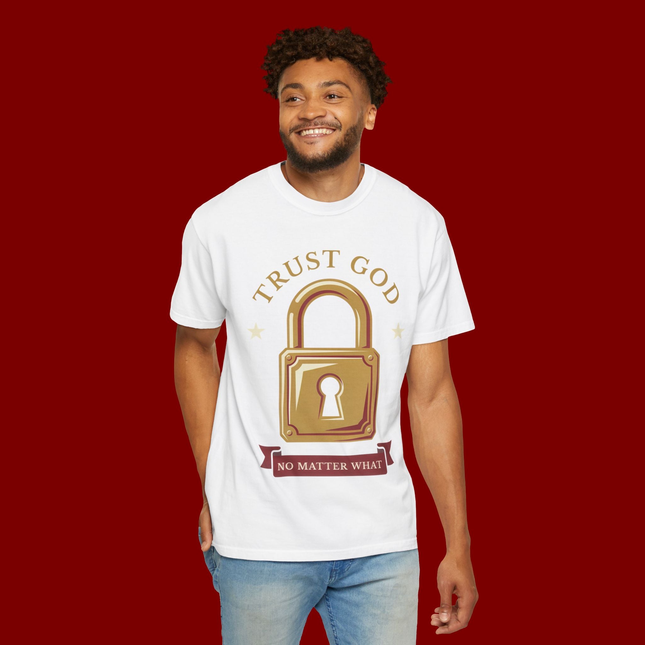 Trust God Lock T-Shirt — Christian Faith Tee “Trust God No Matter What”