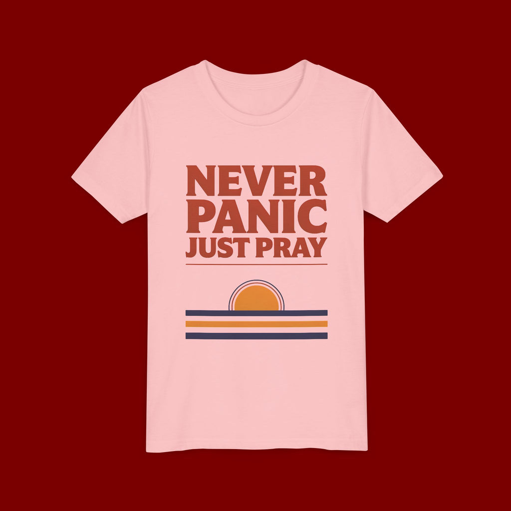 Youth Tee — "Never Panic Just Pray" Retro Sunset Kids T-Shirt