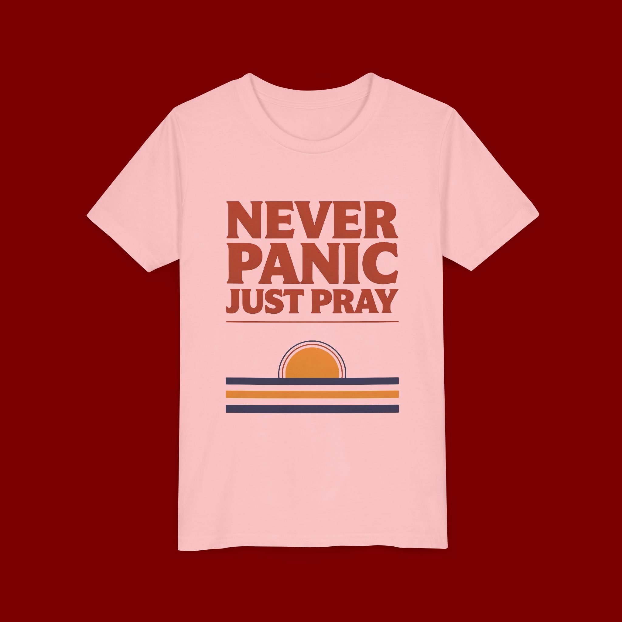 Youth Tee — "Never Panic Just Pray" Retro Sunset Kids T-Shirt