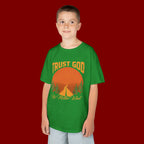 Kids Tee — "Trust God No Matter What" Sunset Camping Graphic