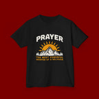 Kids Tee — "Prayer: The Most Powerful Weapon of a Believer" Mountain Sun Graphic