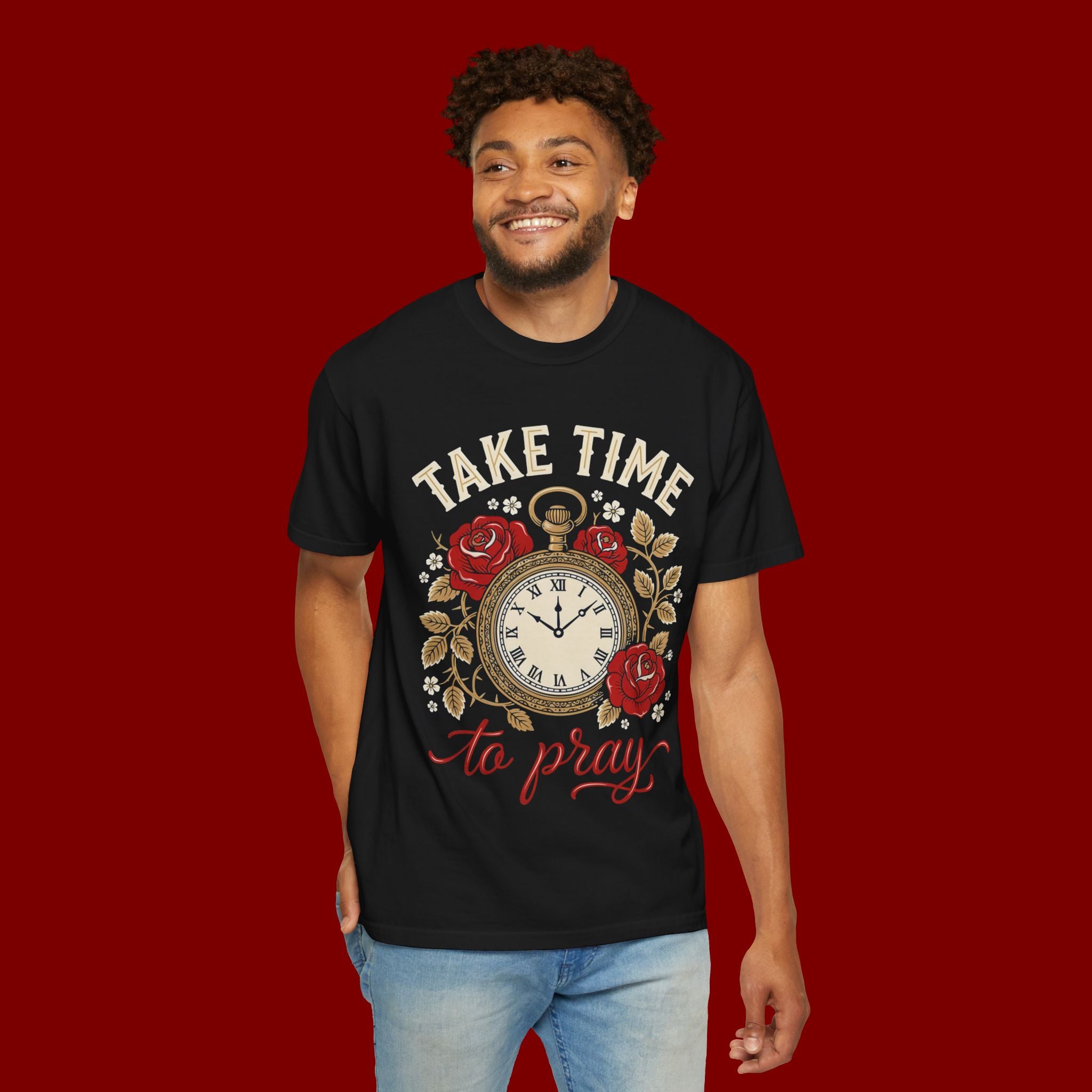 Take Time to Pray Pocket Watch T-Shirt — Faith-Based Floral Christian Tee