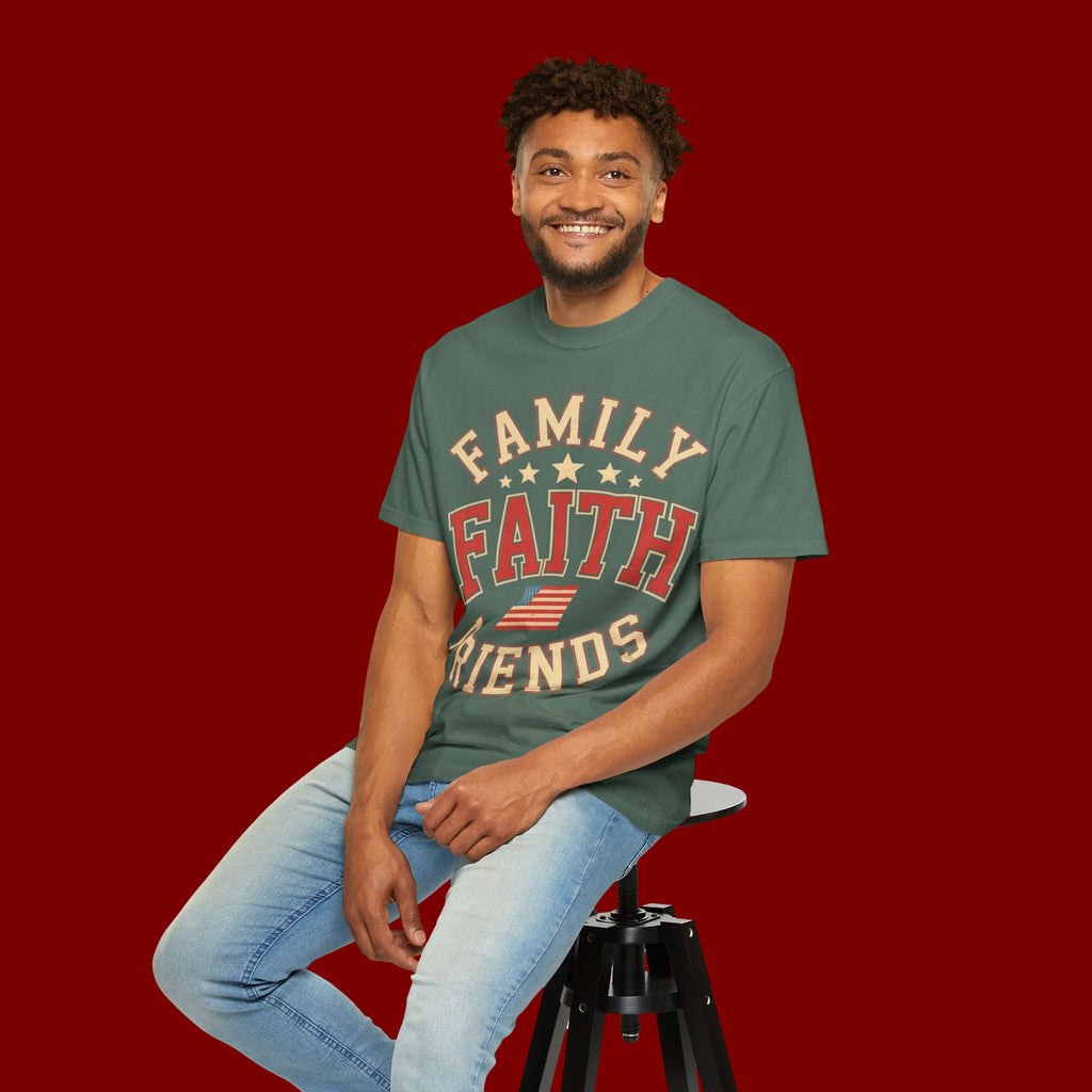 Family Faith Friends T-Shirt — Patriotic American Flag Tee
