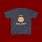 Kids Tee — "When GOD steps in, Miracles happen." Inspirational Christian T‑Shirt with Sprout Pot Design