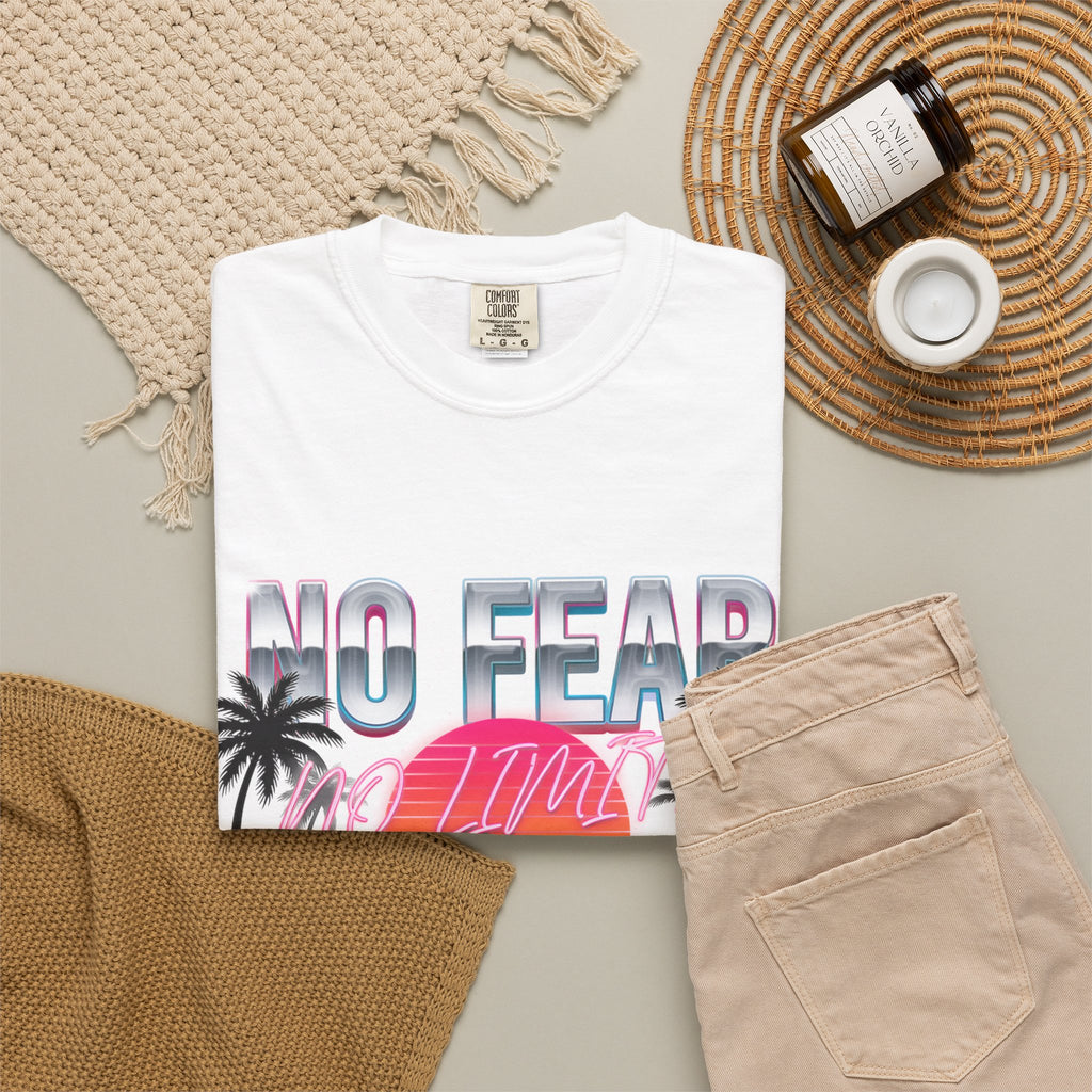 No Fear, No Excuses T-Shirt — Retro Sunset Palm Graphic Tee