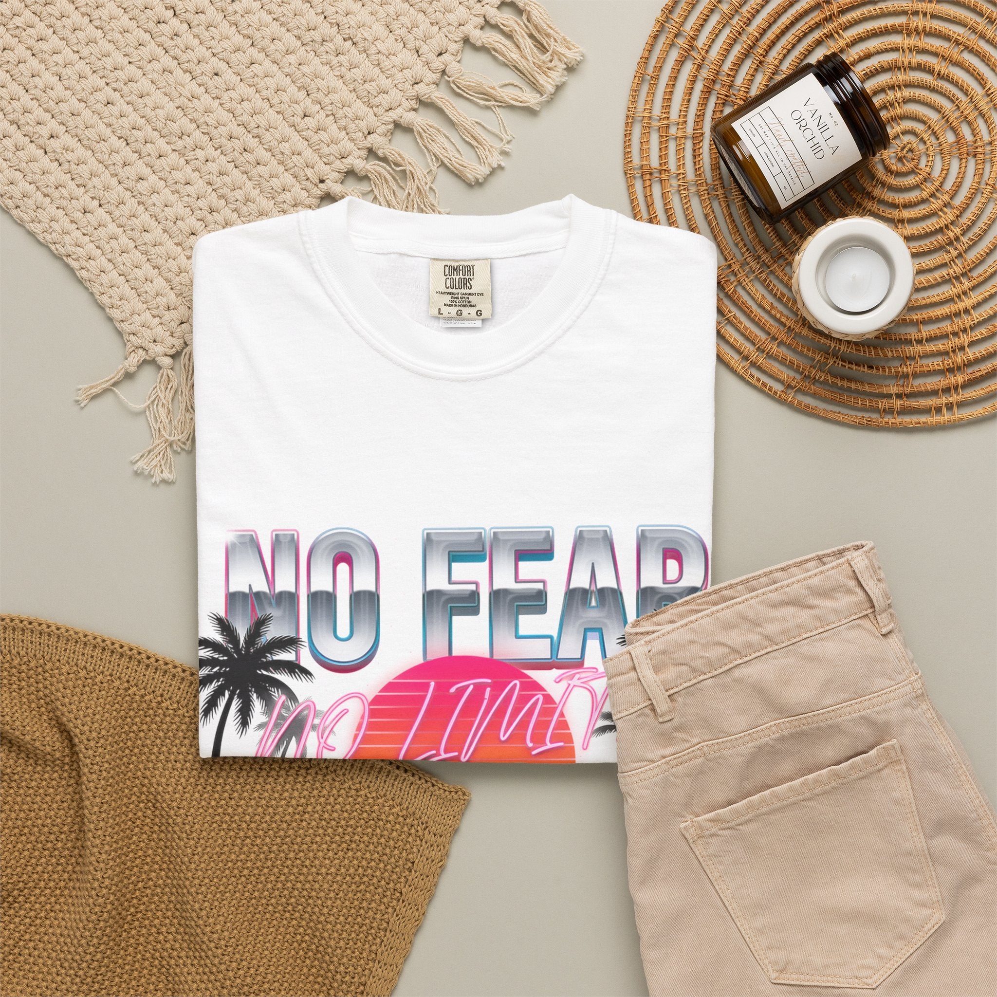 No Fear, No Excuses T-Shirt — Retro Sunset Palm Graphic Tee