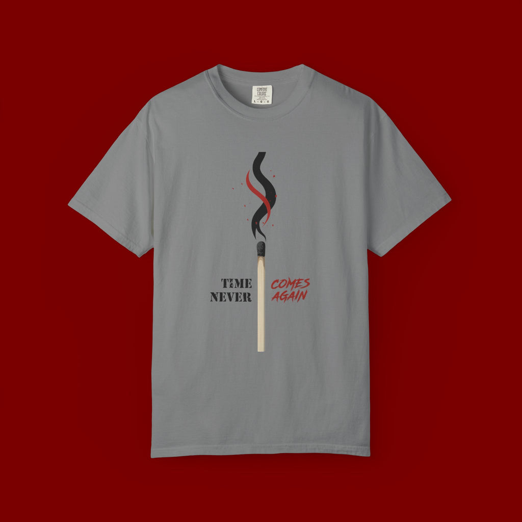 Matchstick Graphic Tee — "Time Never" Minimalist Smoky Design