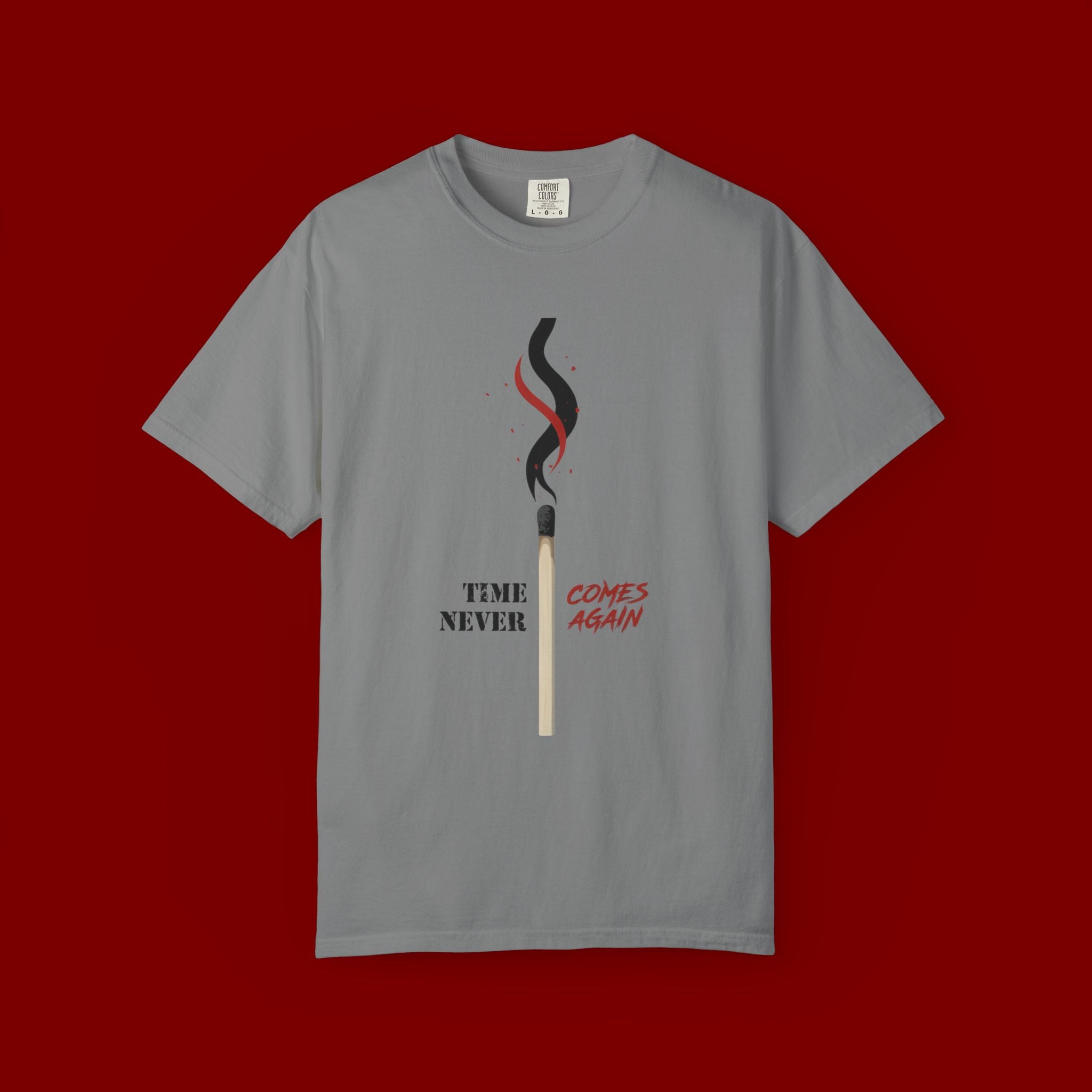 Matchstick Graphic Tee — "Time Never" Minimalist Smoky Design