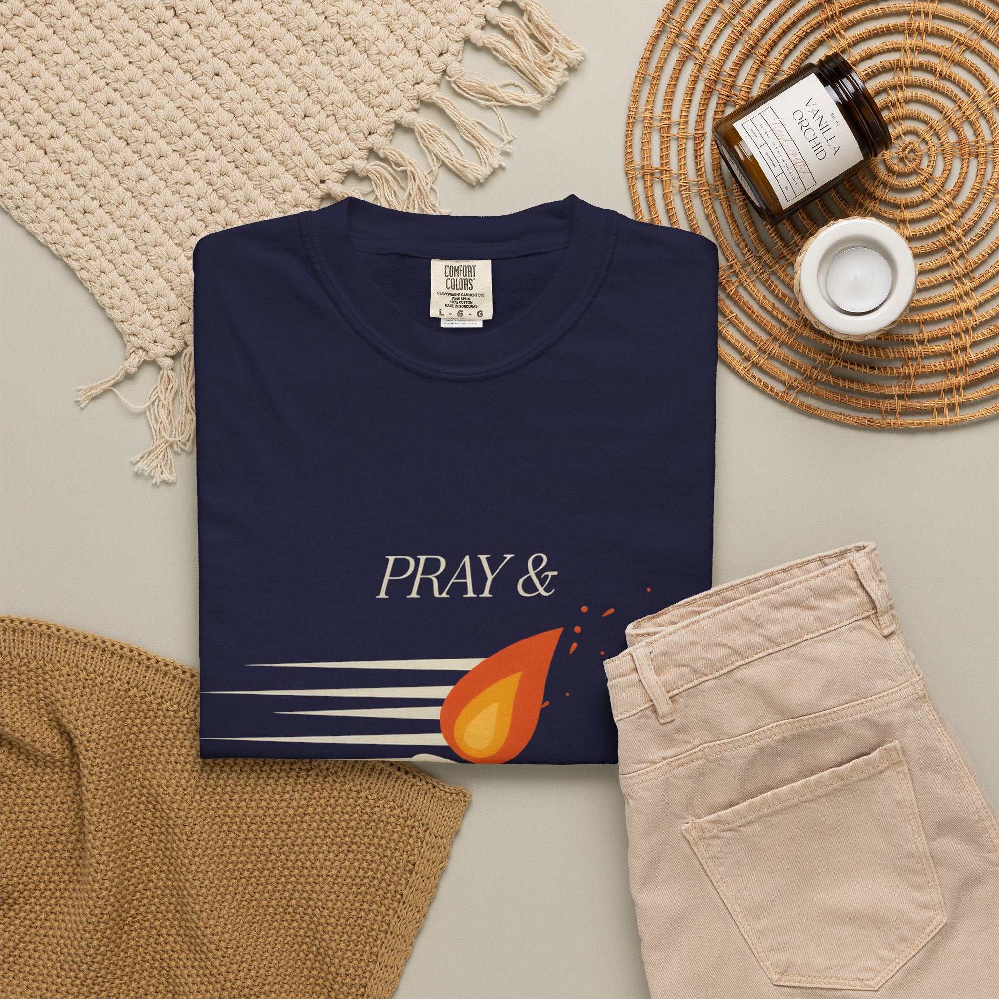 Pray & Never Give Up T‑Shirt — Inspirational Candle Faith Tee