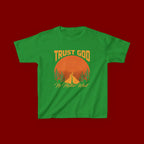 Kids Tee — "Trust God No Matter What" Sunset Camping Graphic