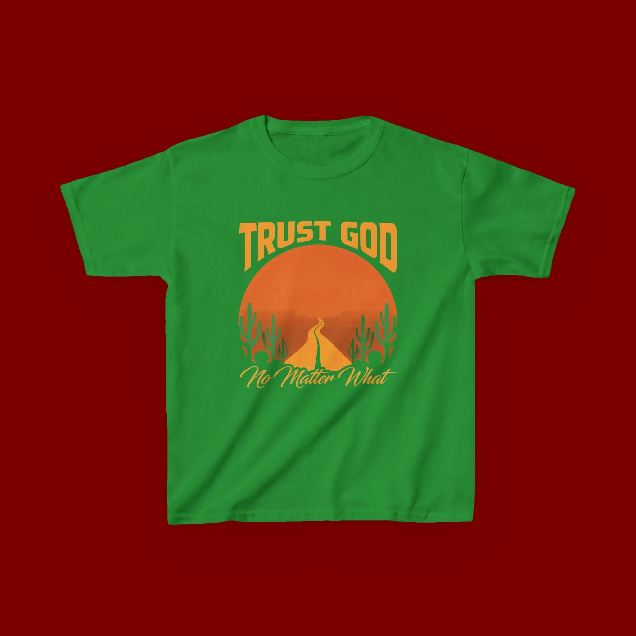 Kids Tee — "Trust God No Matter What" Sunset Camping Graphic