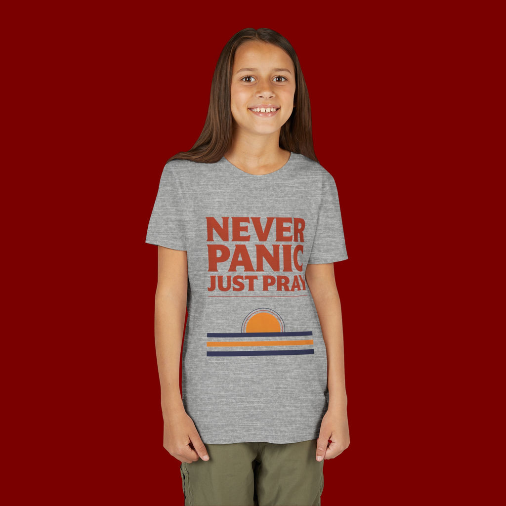 Youth Tee — "Never Panic Just Pray" Retro Sunset Kids T-Shirt