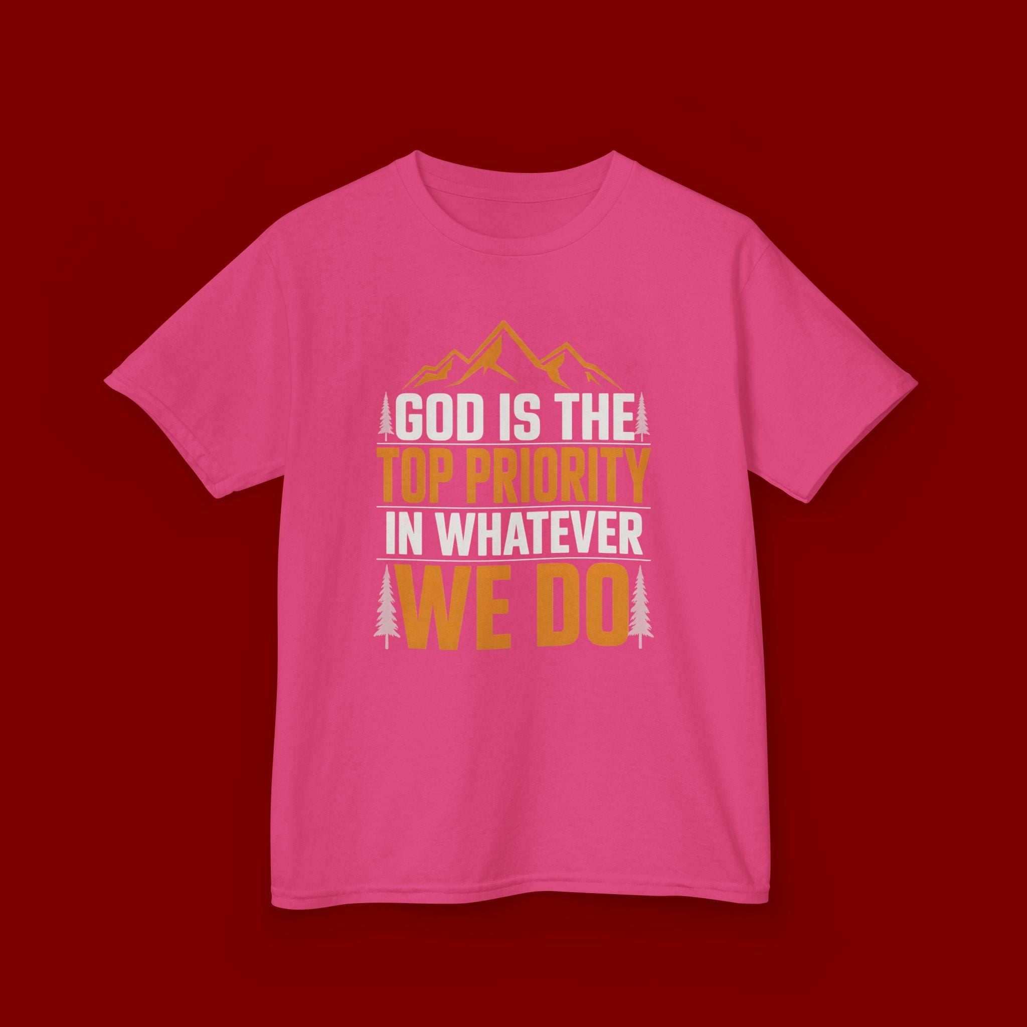 Kids Tee - "God Is the Top Priority in Whatever We Do" Faith Mountain Graphic