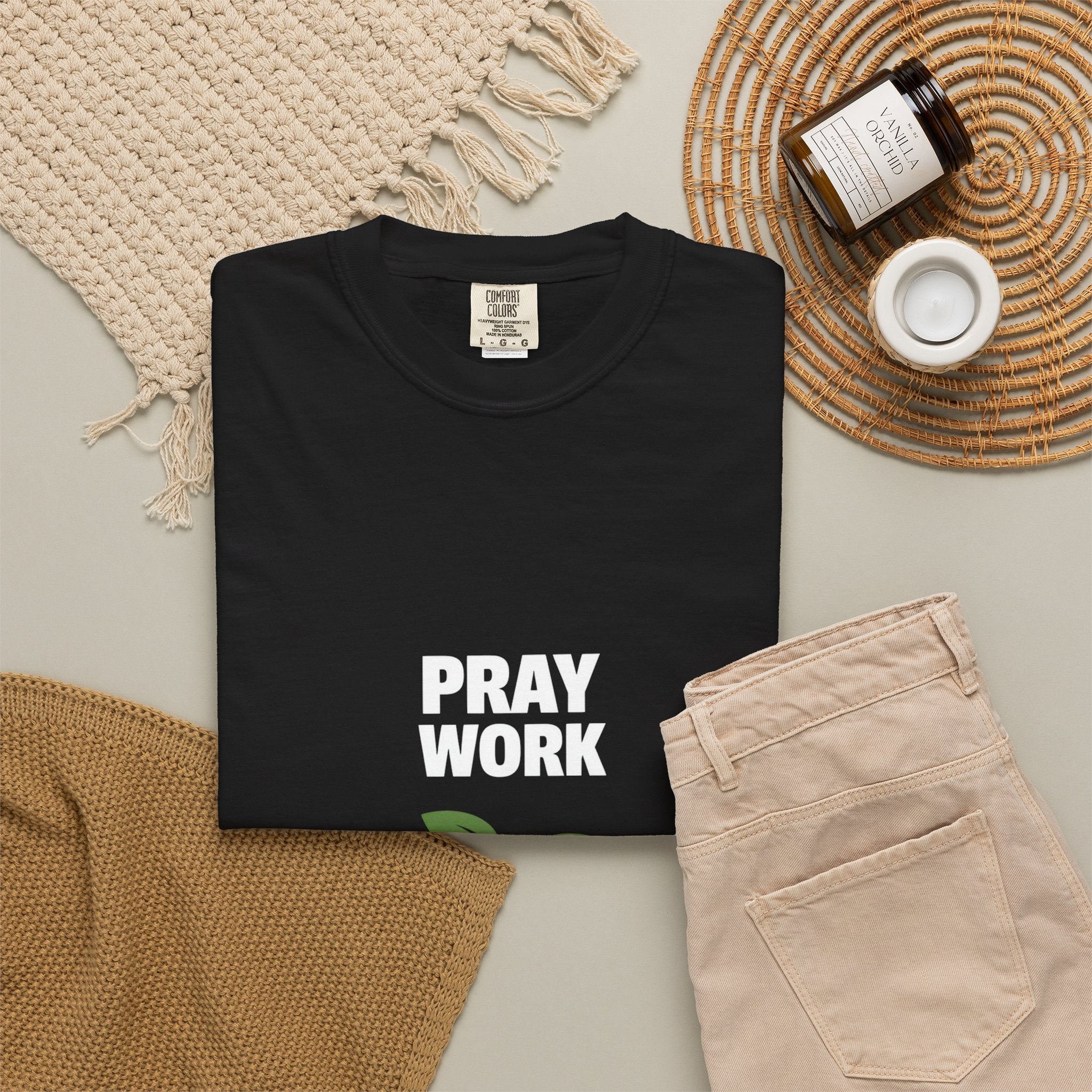 Pray Work, Trust God T-Shirt — Faith Gardening Inspirational Tee