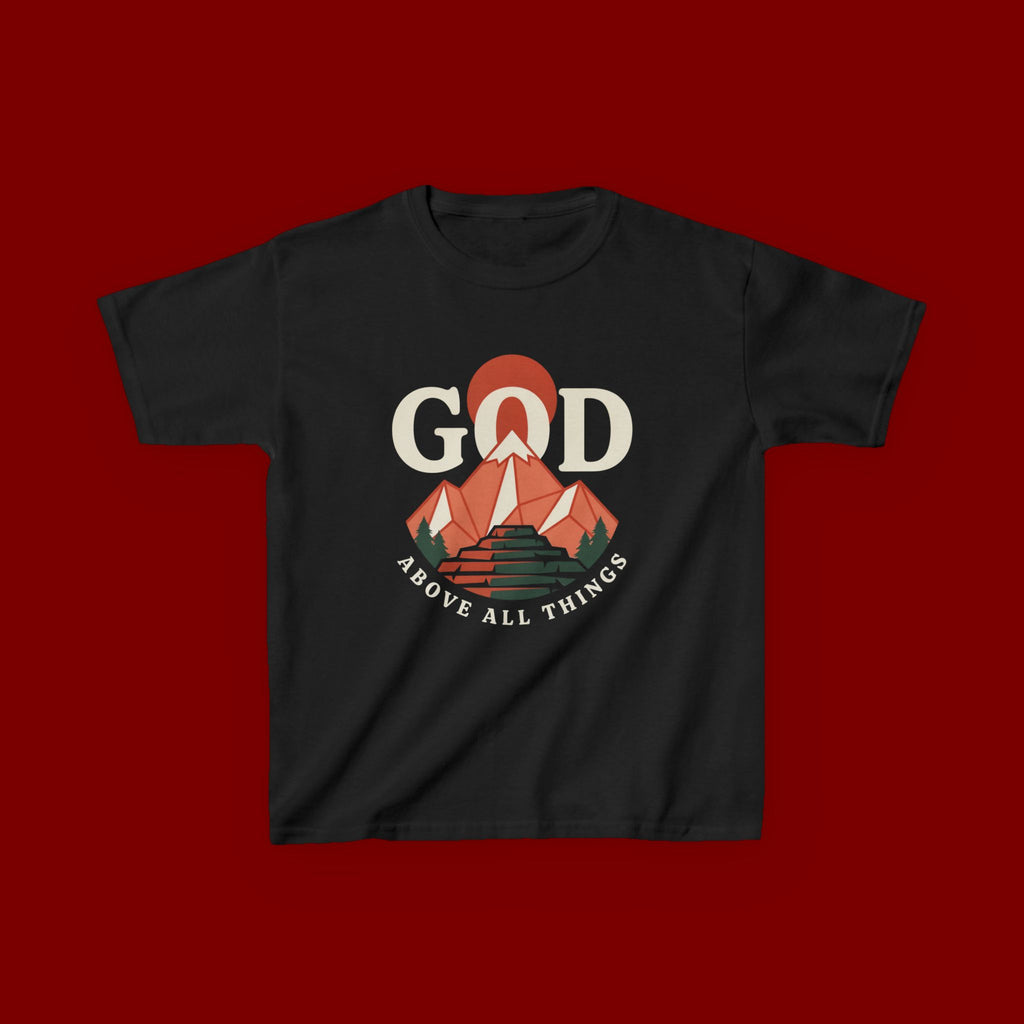 Kids Tee – 'GOD' Mountain Sunrise Faith Graphic