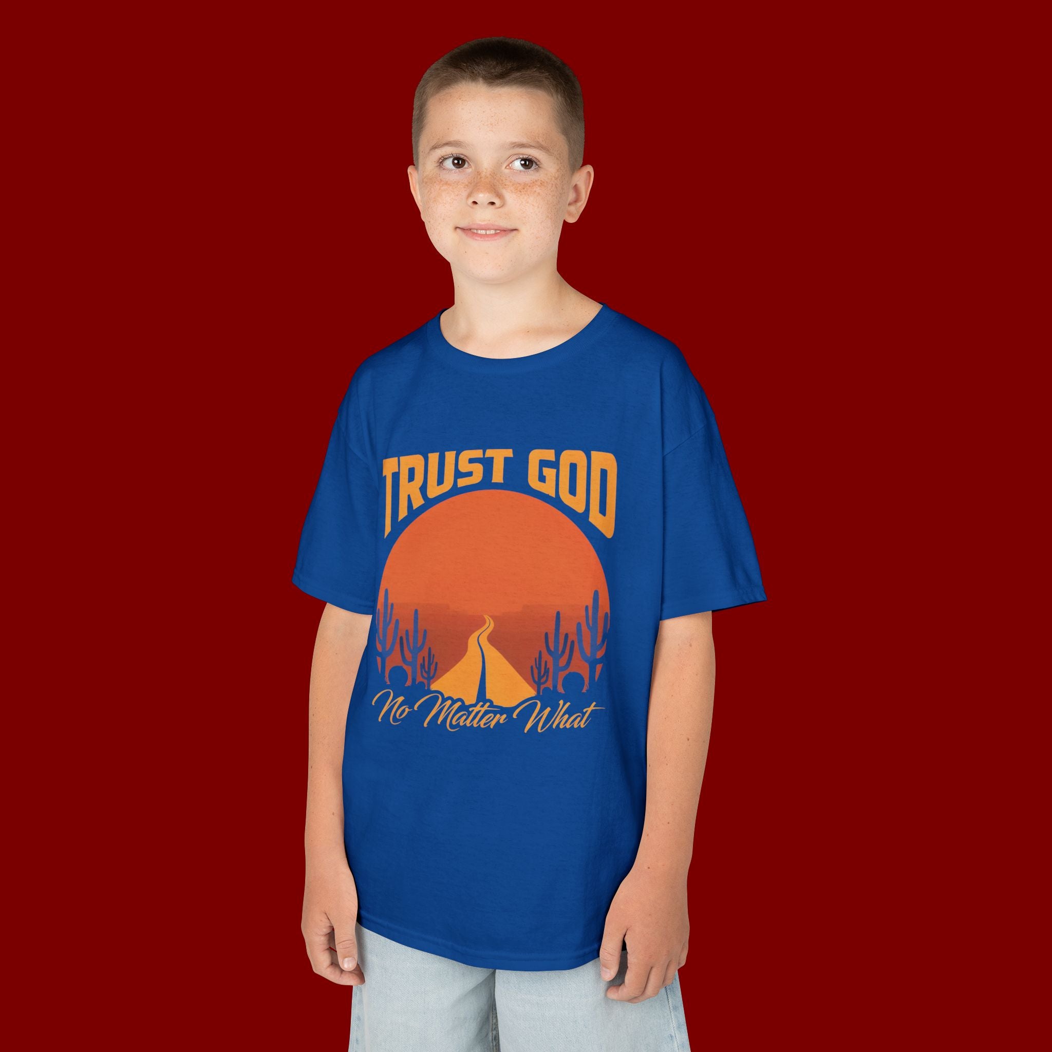 Kids Tee — "Trust God No Matter What" Sunset Camping Graphic