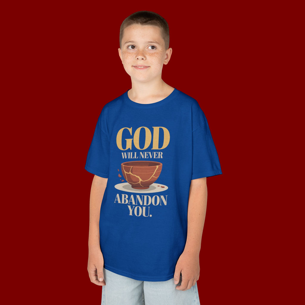 Kids Tee — "God Will Never Abandon You" Faith Graphic