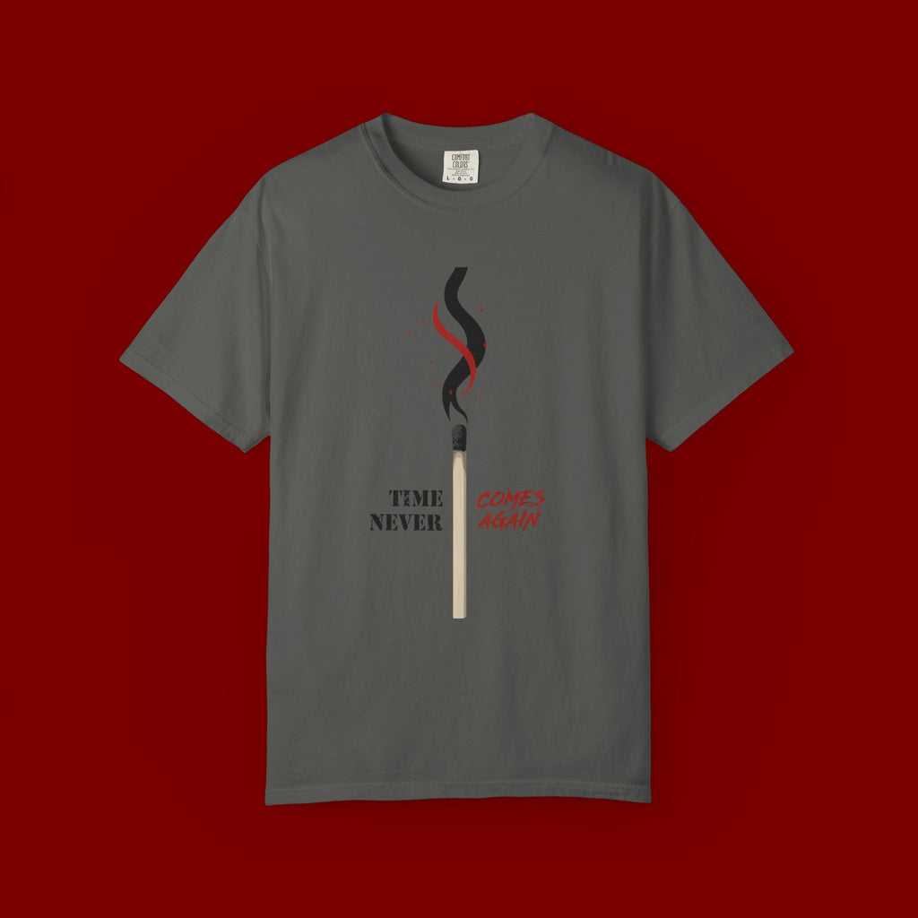 Matchstick Graphic Tee — "Time Never" Minimalist Smoky Design
