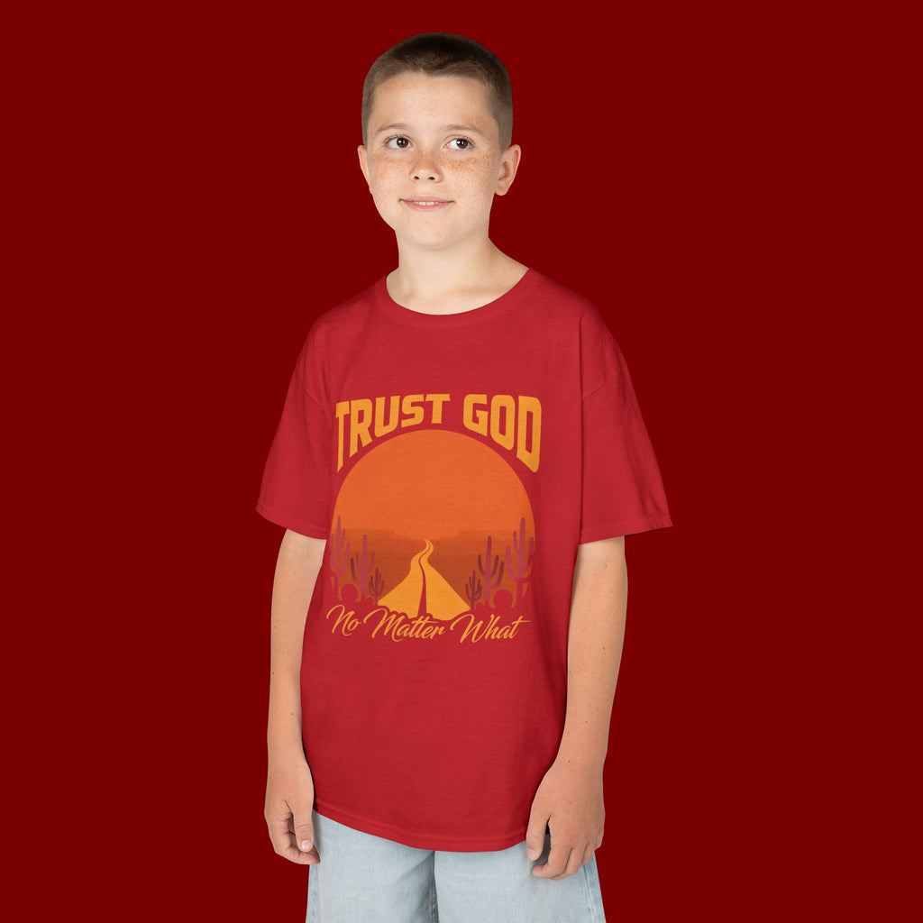 Kids Tee — "Trust God No Matter What" Sunset Camping Graphic