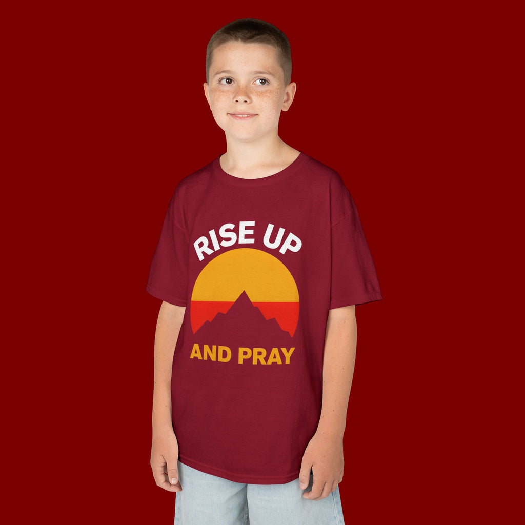 Kids Tee — "Rise Up and Pray" Mountain Sunrise Faith T‑Shirt