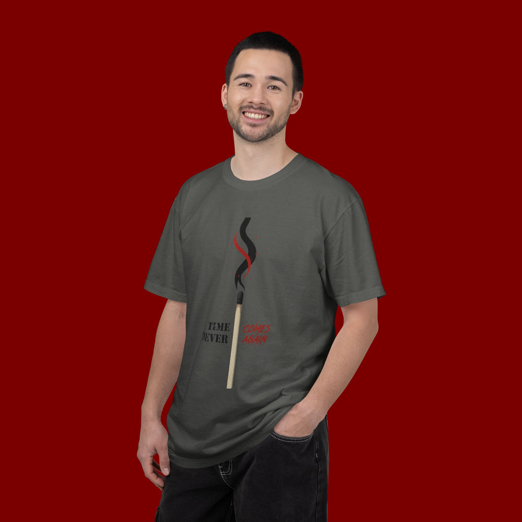 Matchstick Graphic Tee — "Time Never" Minimalist Smoky Design
