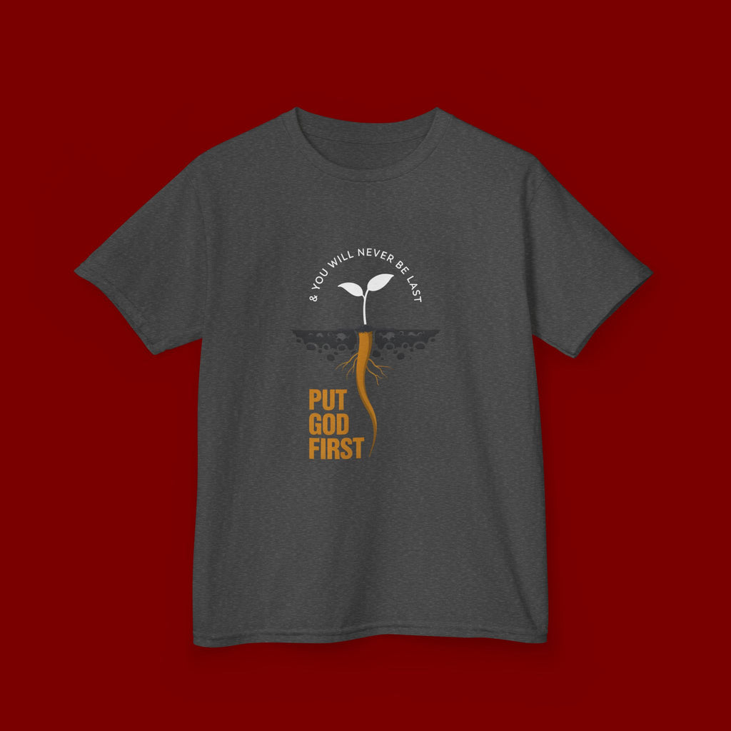 Kids T‑Shirt — 'Put God First' Religious Sprout Graphic Tee (Christian Youth)