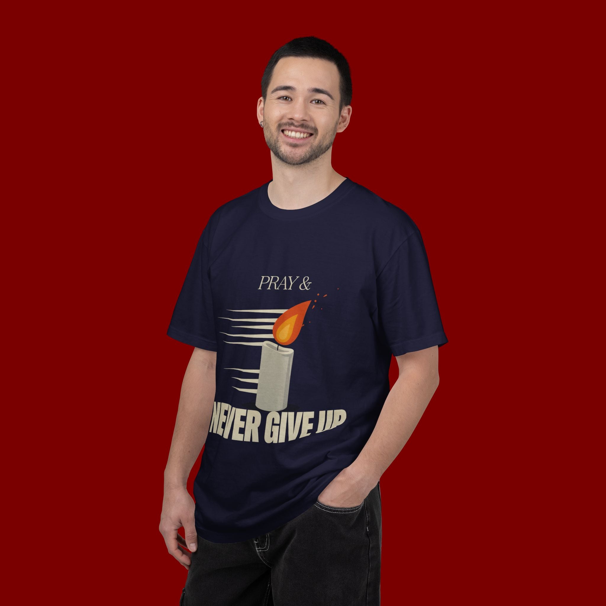 Pray & Never Give Up T‑Shirt — Inspirational Candle Faith Tee