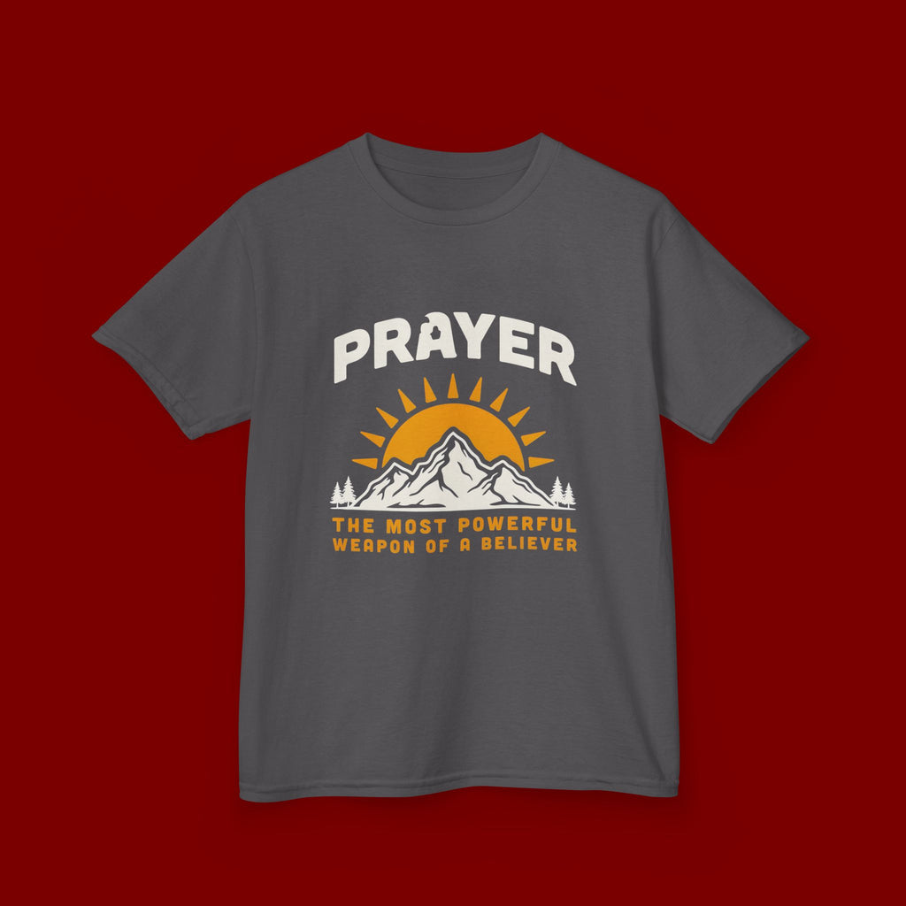 Kids Tee — "Prayer: The Most Powerful Weapon of a Believer" Mountain Sun Graphic