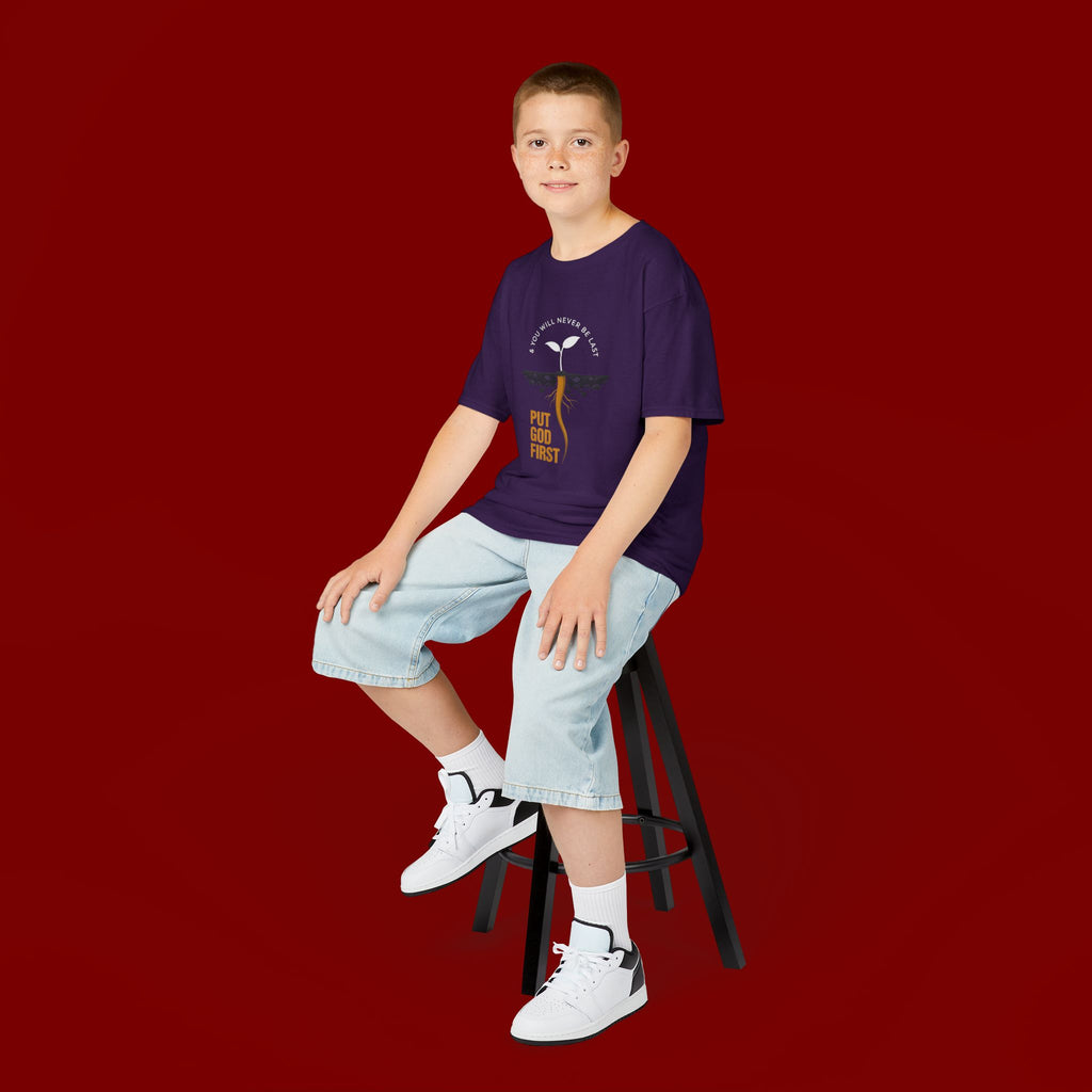 Kids T‑Shirt — 'Put God First' Religious Sprout Graphic Tee (Christian Youth)