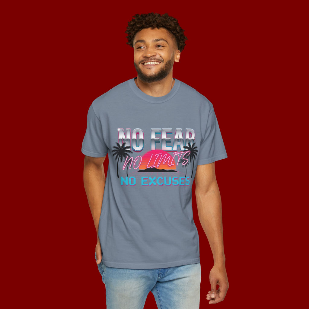 No Fear, No Excuses T-Shirt — Retro Sunset Palm Graphic Tee