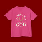 Kids T-Shirt – "All Strength Comes From God" Faith Tee for Boys & Girls