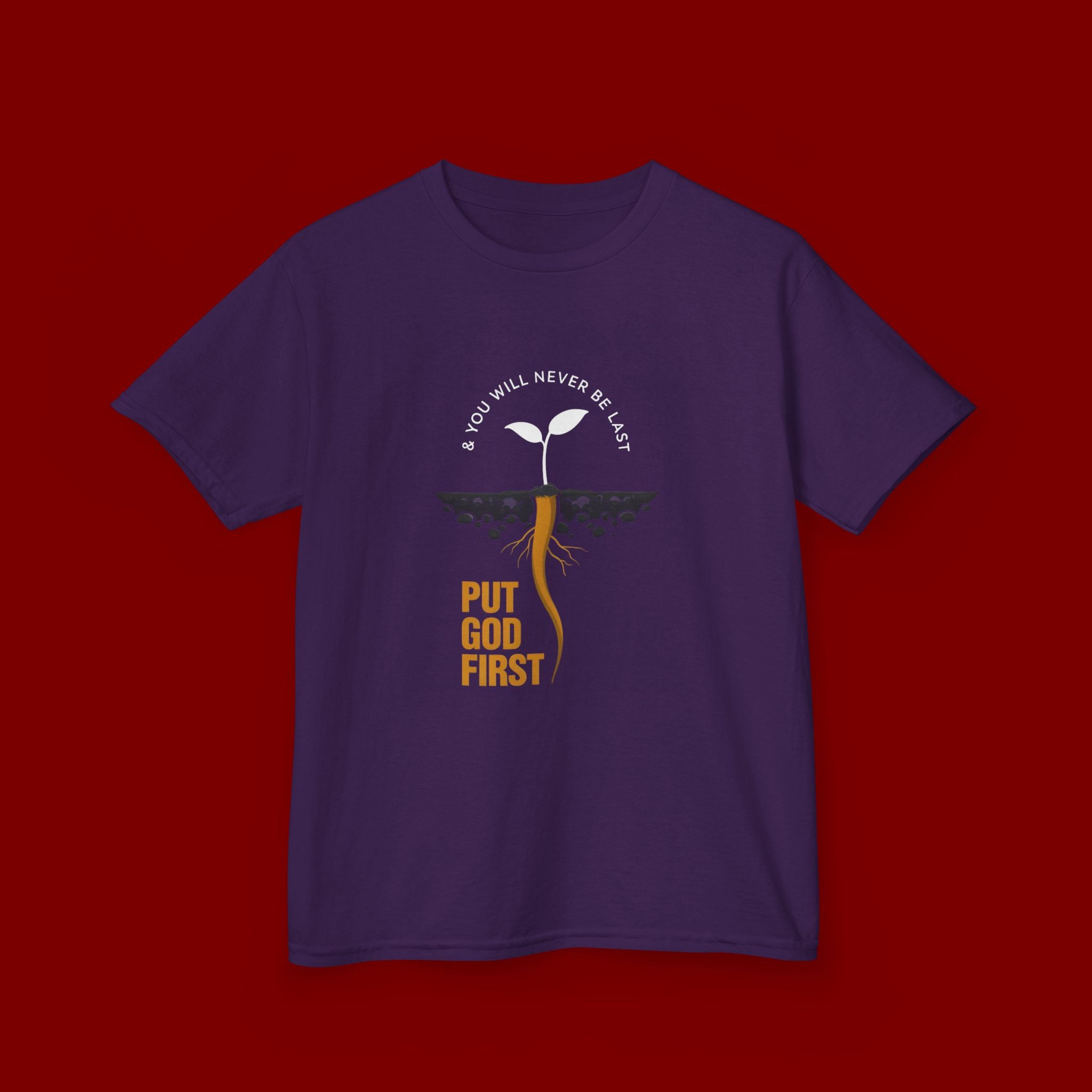 Kids T‑Shirt — 'Put God First' Religious Sprout Graphic Tee (Christian Youth)