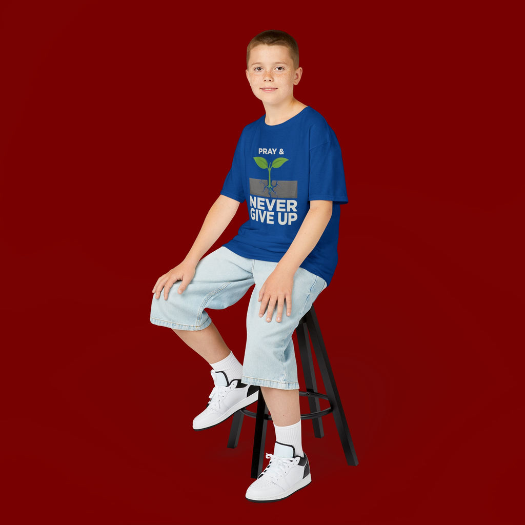 Kids Tee – "Pray & Never Give Up" Inspirational Plant Graphic
