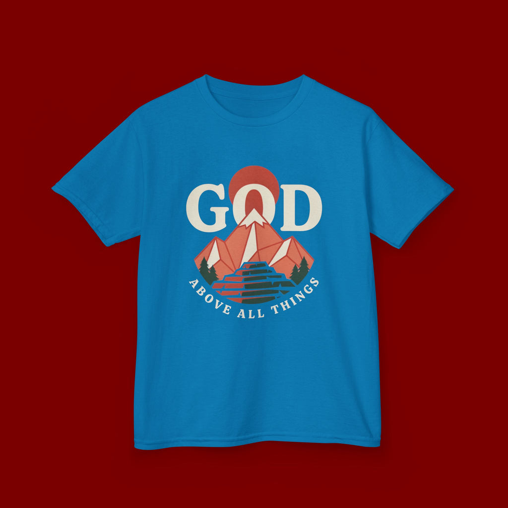 Kids Tee – 'GOD' Mountain Sunrise Faith Graphic