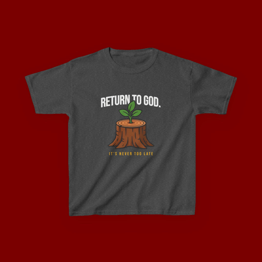 Return to God Kids T-Shirt – Tree Stump with Sprout, “It’s Never Too Late” Inspirational Youth Tee