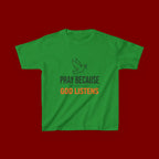 Kids T-Shirt — "Pray Because God Listens" Christian Faith Tee with Dove Graphic