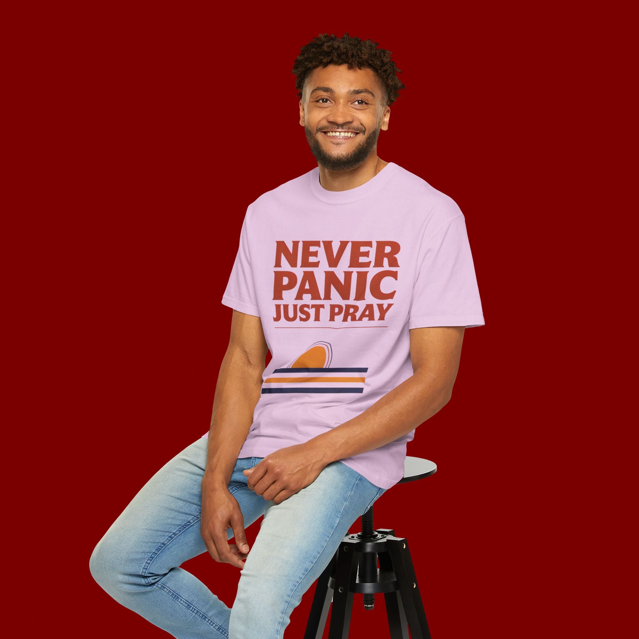 Never Panic Just Pray T‑Shirt — Retro Sunset Faith Tee