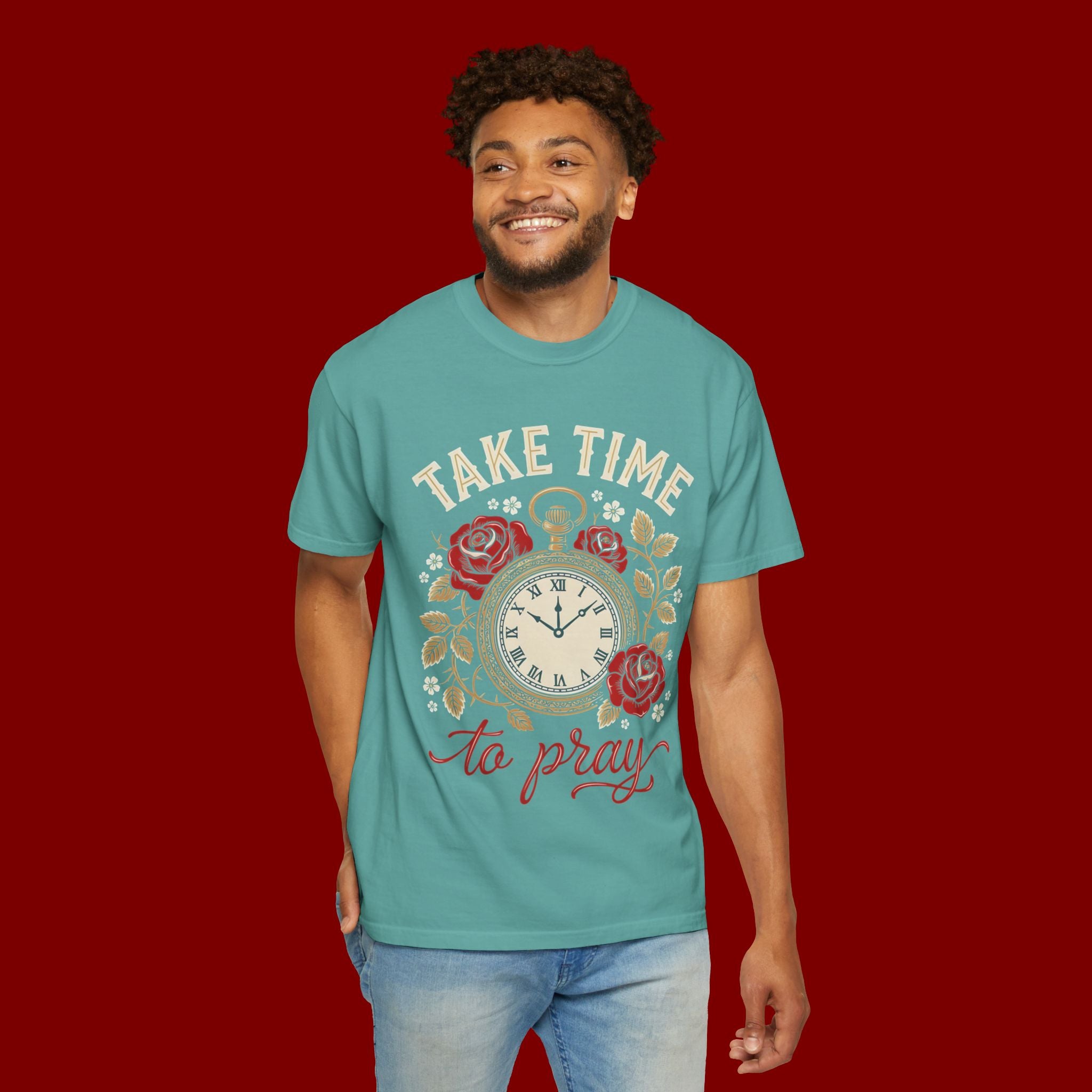 Take Time to Pray Pocket Watch T-Shirt — Faith-Based Floral Christian Tee