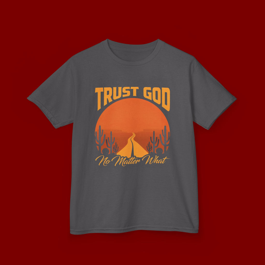 Kids Tee — "Trust God No Matter What" Sunset Camping Graphic