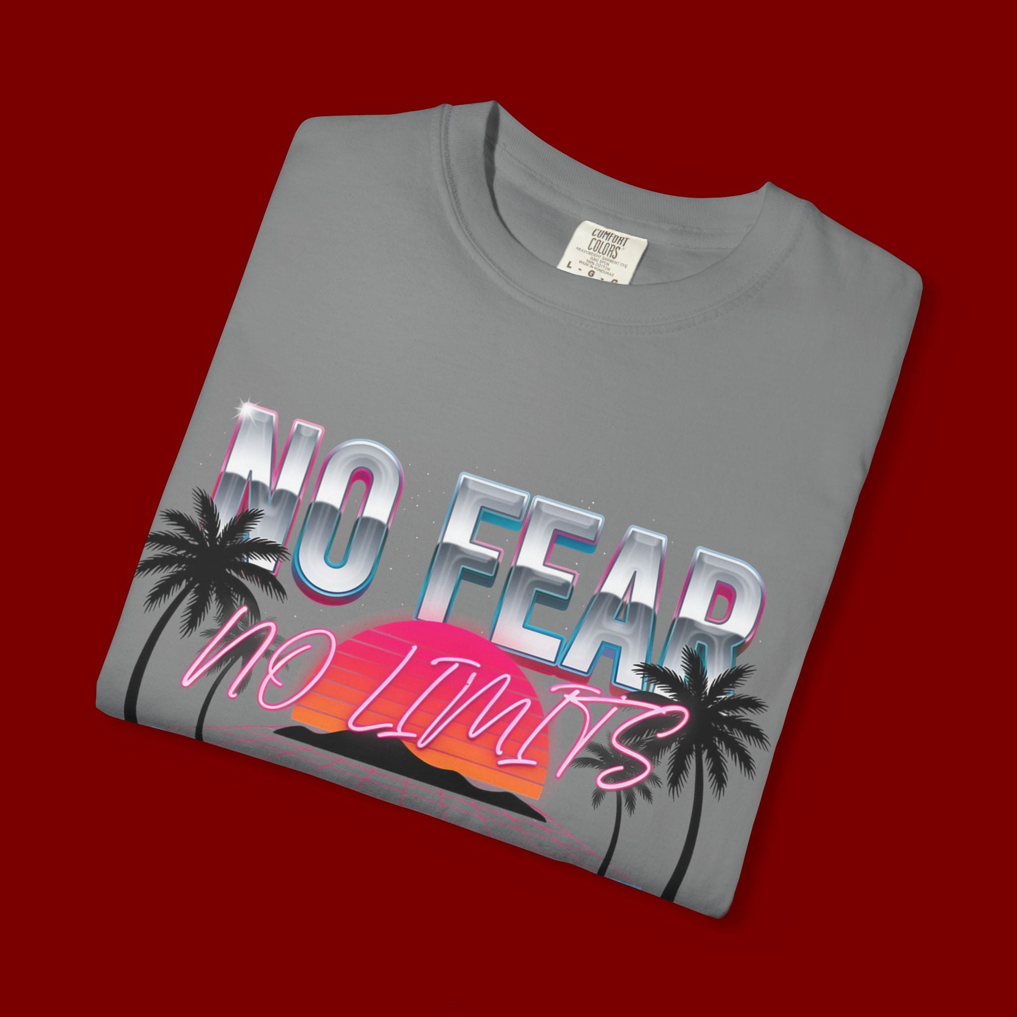No Fear, No Excuses T-Shirt — Retro Sunset Palm Graphic Tee