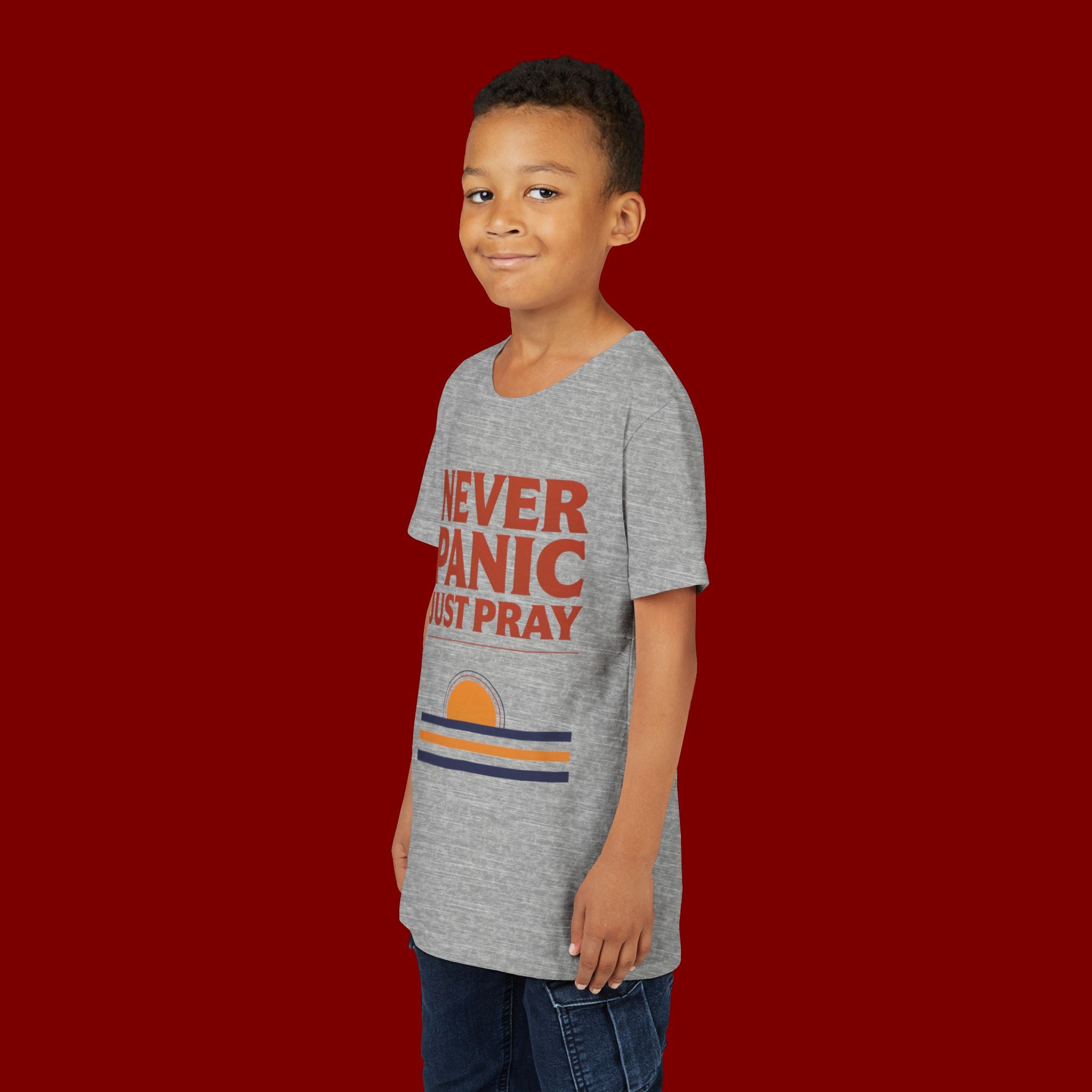 Youth Tee — "Never Panic Just Pray" Retro Sunset Kids T-Shirt