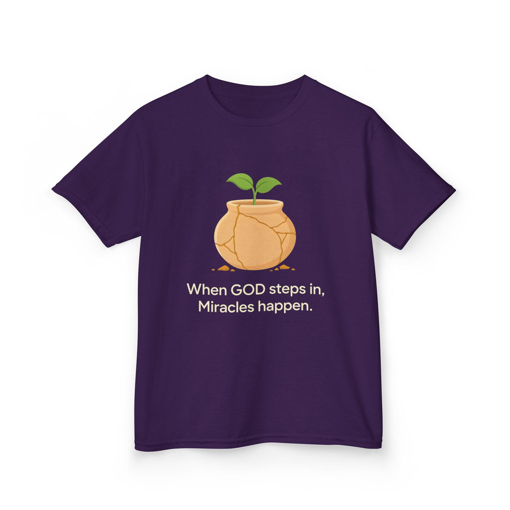 Kids Tee — "When GOD steps in, Miracles happen." Inspirational Christian T‑Shirt with Sprout Pot Design